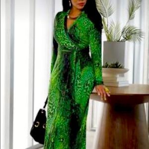 ASHRO emerald green snake and animal print maxi dress.